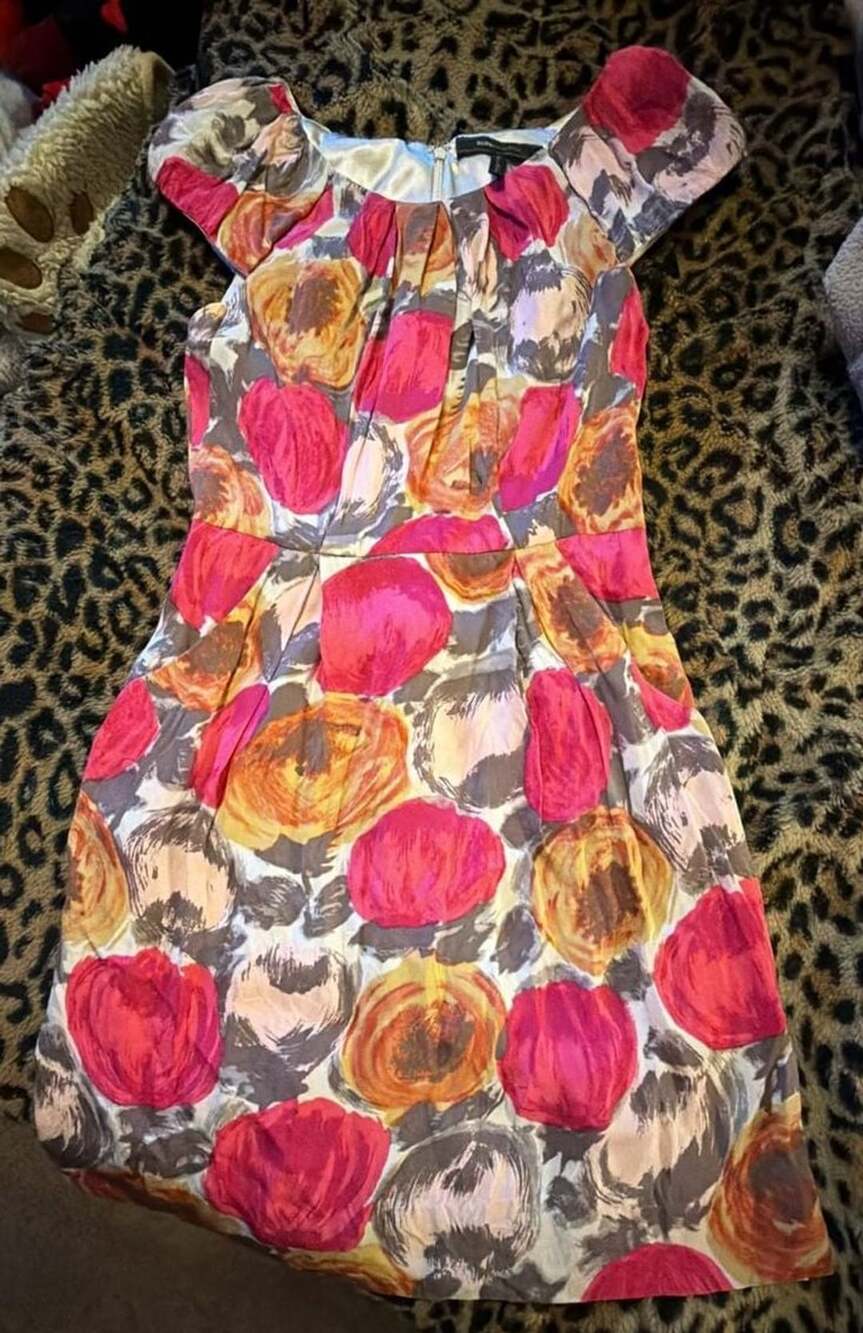 BCBGMaxAzria Floral Silk Dress Size 0 Pink Orange Cap Sleeve